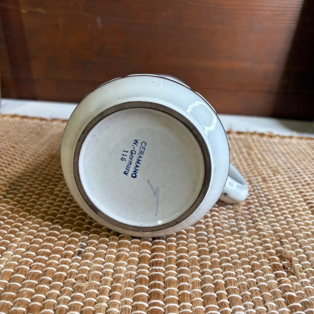 Vintage MCM Ceramano Omega West Germany Dots & Stripes Pitcher White Brown